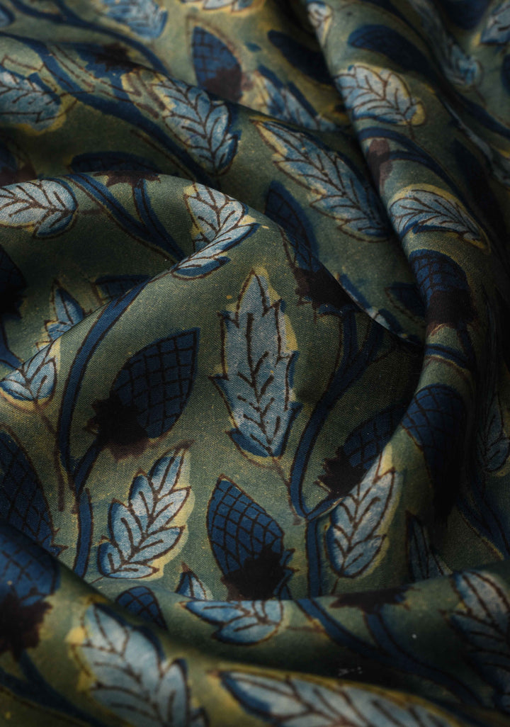 Vanaspati Hand Block Print on Modal Silk Saree in Green