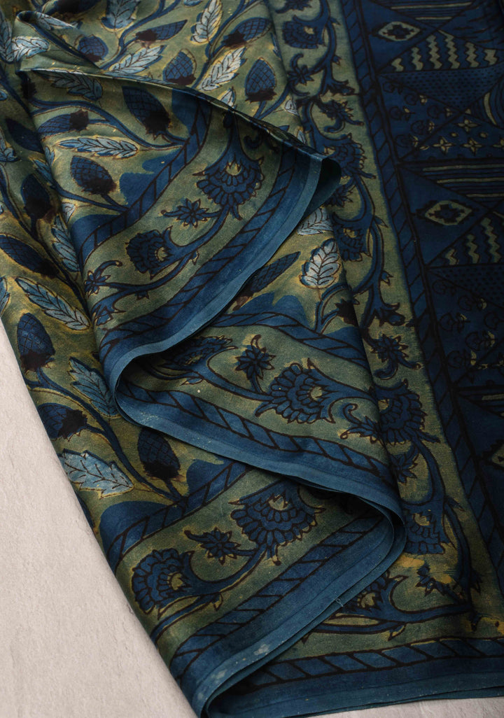 Vanaspati Hand Block Print on Modal Silk Saree in Green