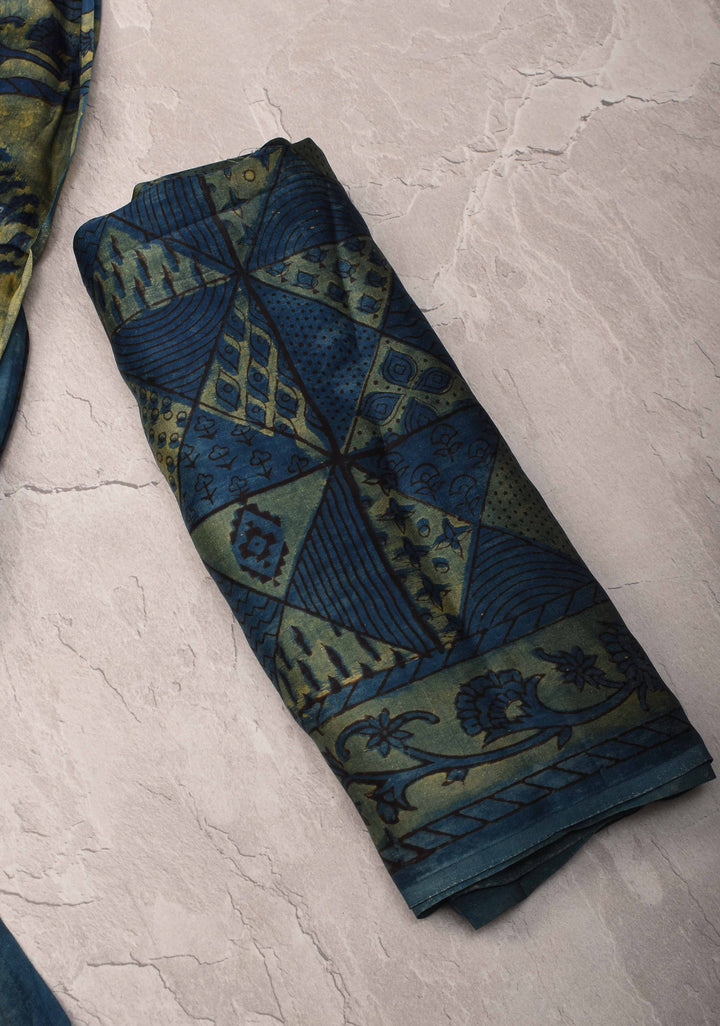 Vanaspati Hand Block Print on Modal Silk Saree in Green
