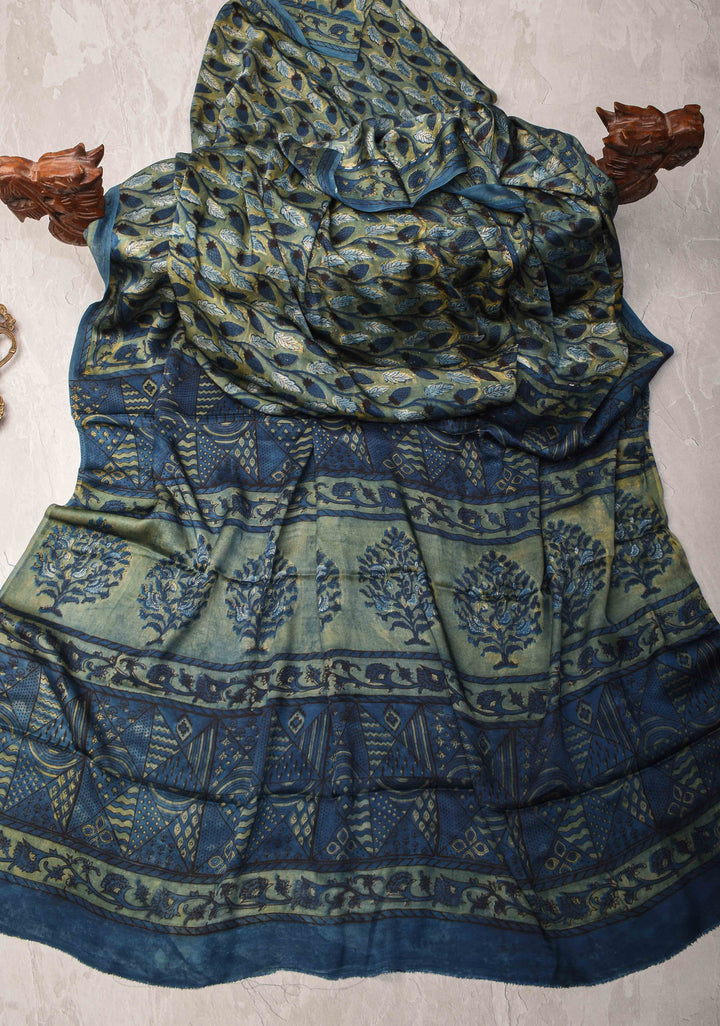Vanaspati Hand Block Print on Modal Silk Saree in Green