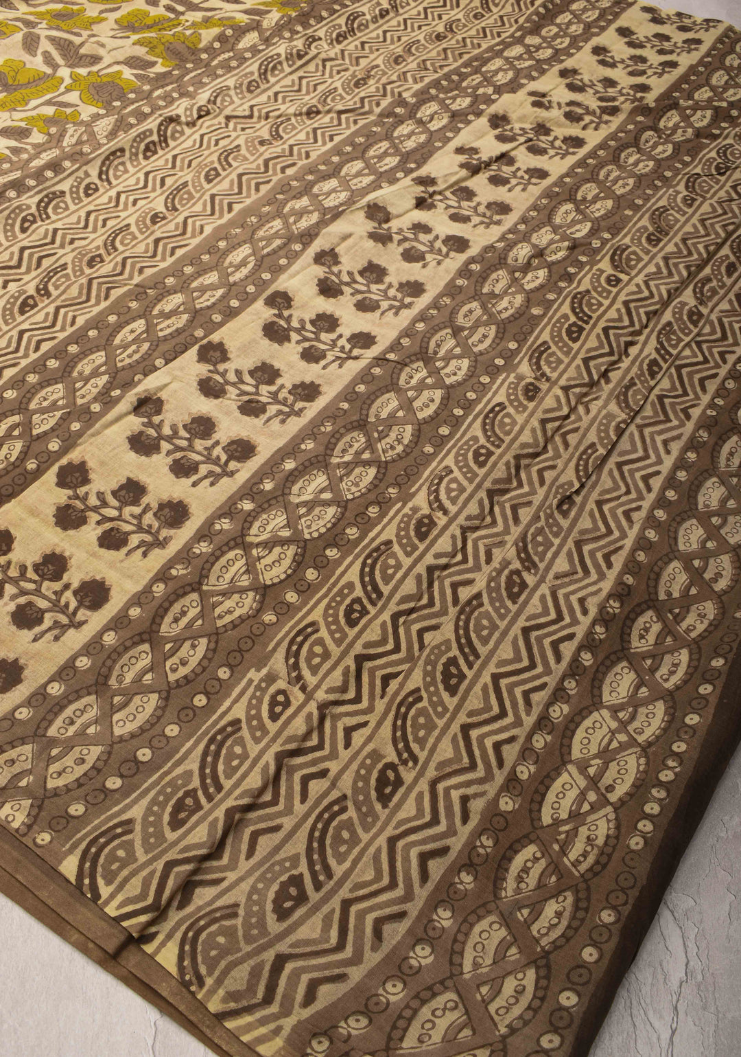 Light Beige Pure Cotton Saree with Floral Hand Block Print