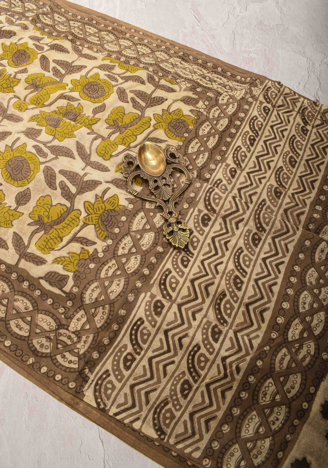 Light Beige Pure Cotton Saree with Floral Hand Block Print