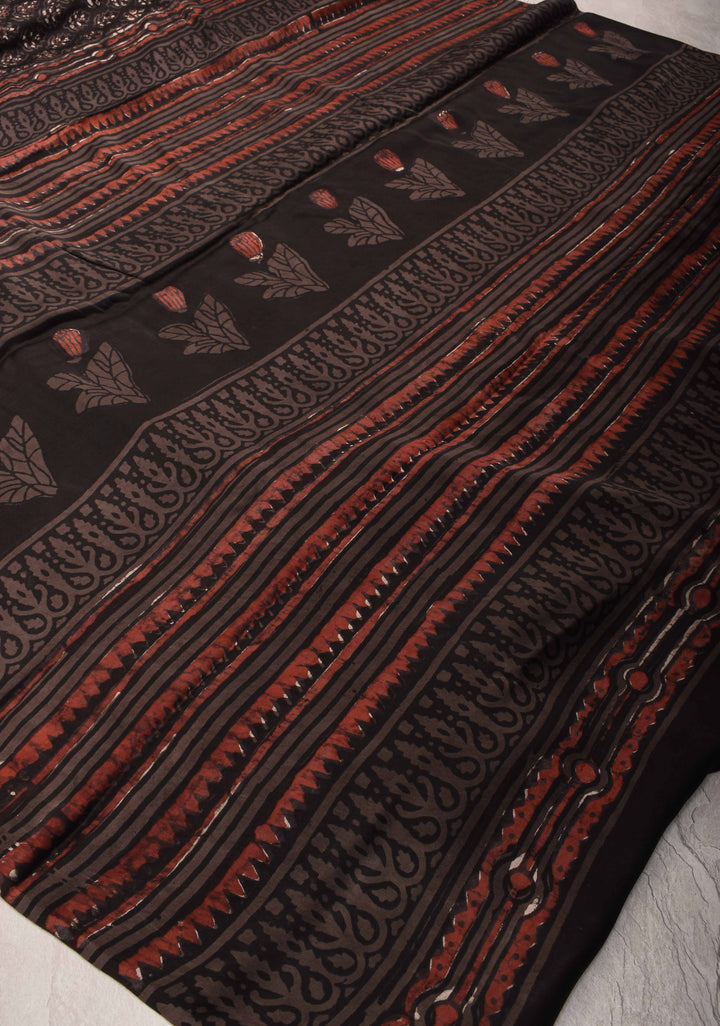 Black Vanaspati Hand Block Print on Modal Silk Saree
