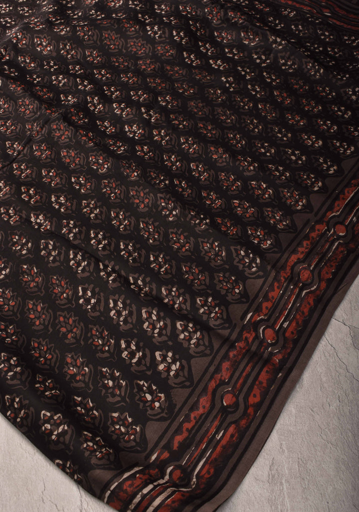 Black Vanaspati Hand Block Print on Modal Silk Saree