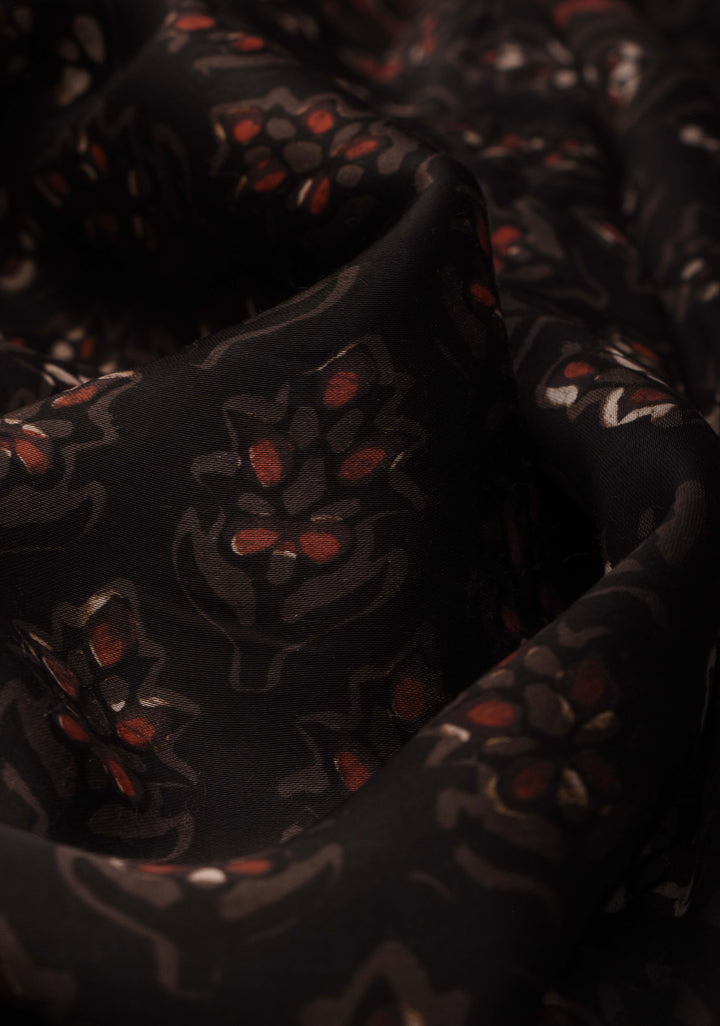 Black Vanaspati Hand Block Print on Modal Silk Saree