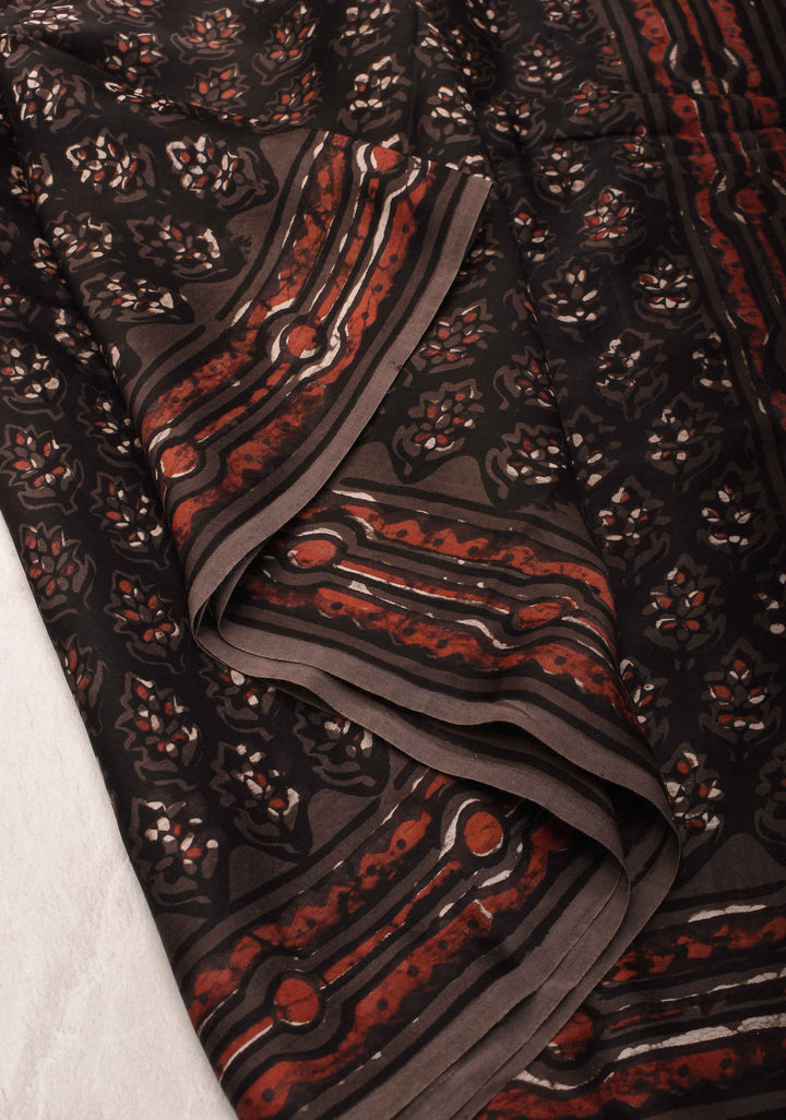 Black Vanaspati Hand Block Print on Modal Silk Saree