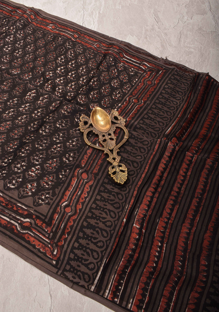 Black Vanaspati Hand Block Print on Modal Silk Saree