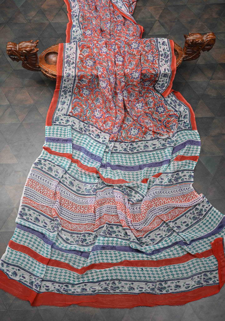 Orange Georgette Saree with Sanganeri Hand Block Print
