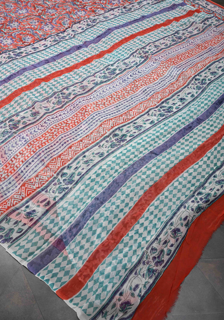 Orange Georgette Saree with Sanganeri Hand Block Print