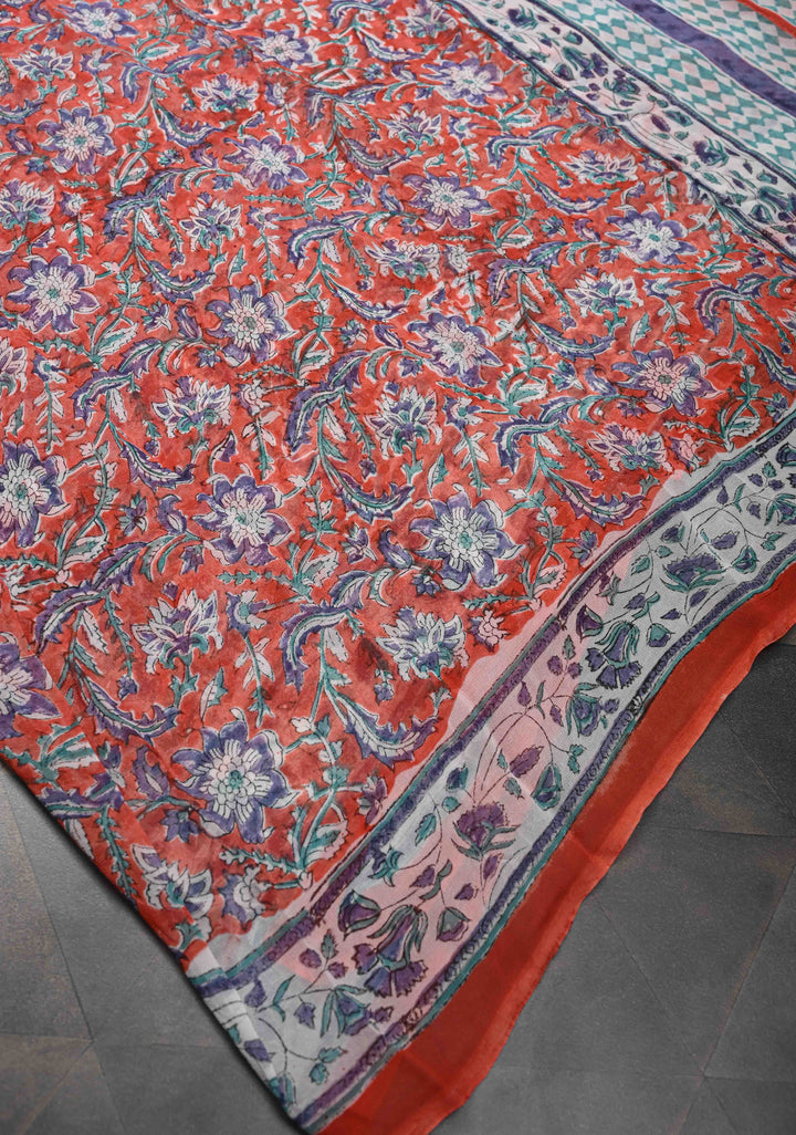 Orange Georgette Saree with Sanganeri Hand Block Print