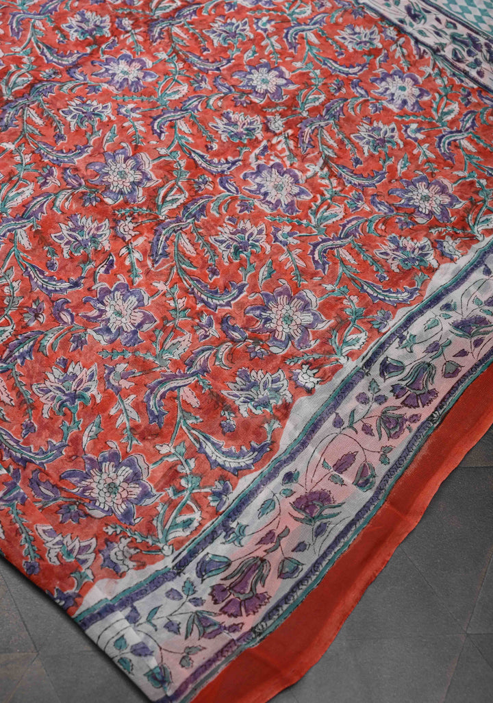 Orange Georgette Saree with Sanganeri Hand Block Print