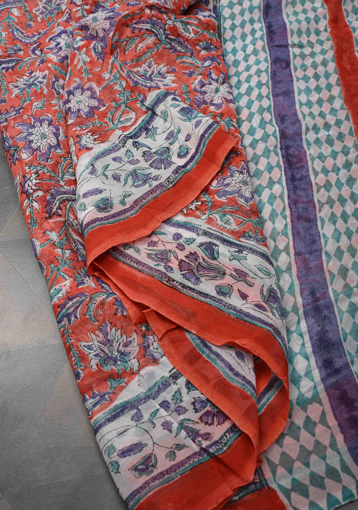 Orange Georgette Saree with Sanganeri Hand Block Print