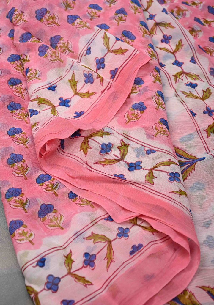 Light Pink Georgette Saree with Sanganeri Hand Block Print