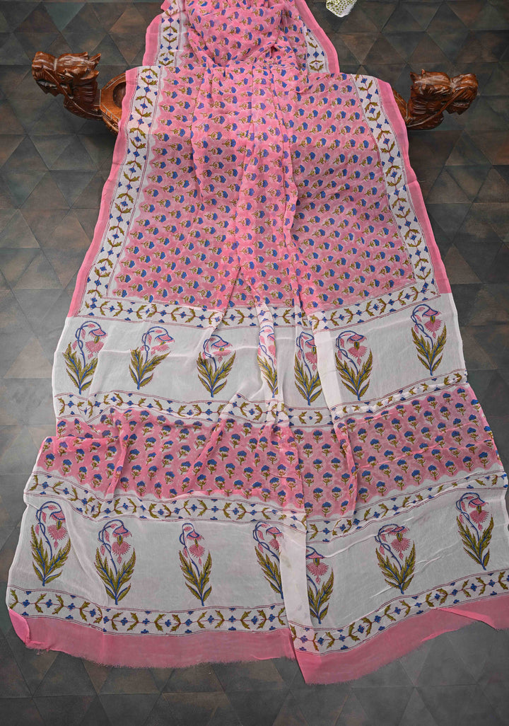 Light Pink Georgette Saree with Sanganeri Hand Block Print