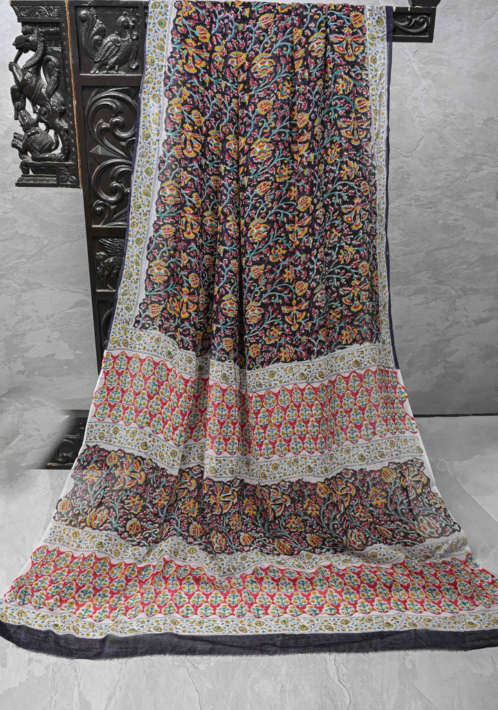 Black Georgette Saree with Sanganeri Hand Block Print