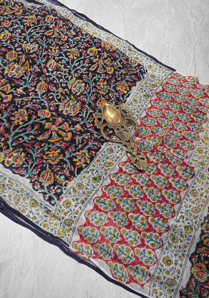 Black Georgette Saree with Sanganeri Hand Block Print