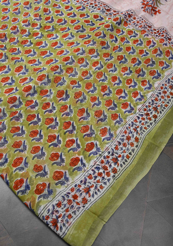 Light Green Georgette Saree with Sanganeri Hand Block Print