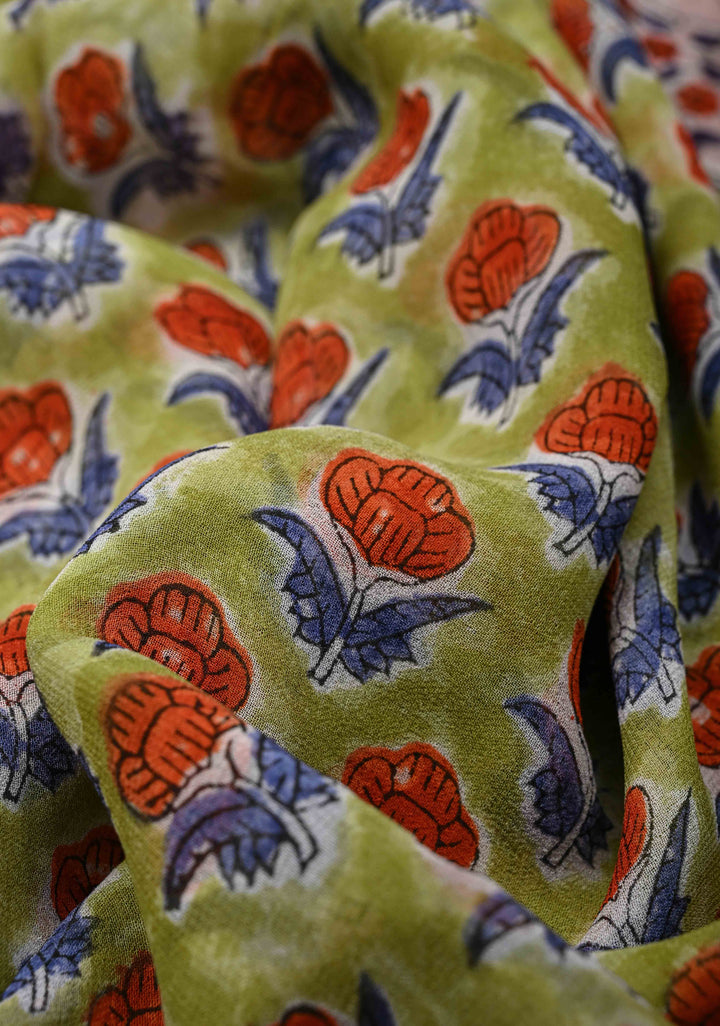 Light Green Georgette Saree with Sanganeri Hand Block Print