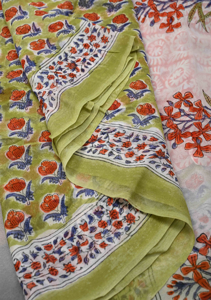 Light Green Georgette Saree with Sanganeri Hand Block Print