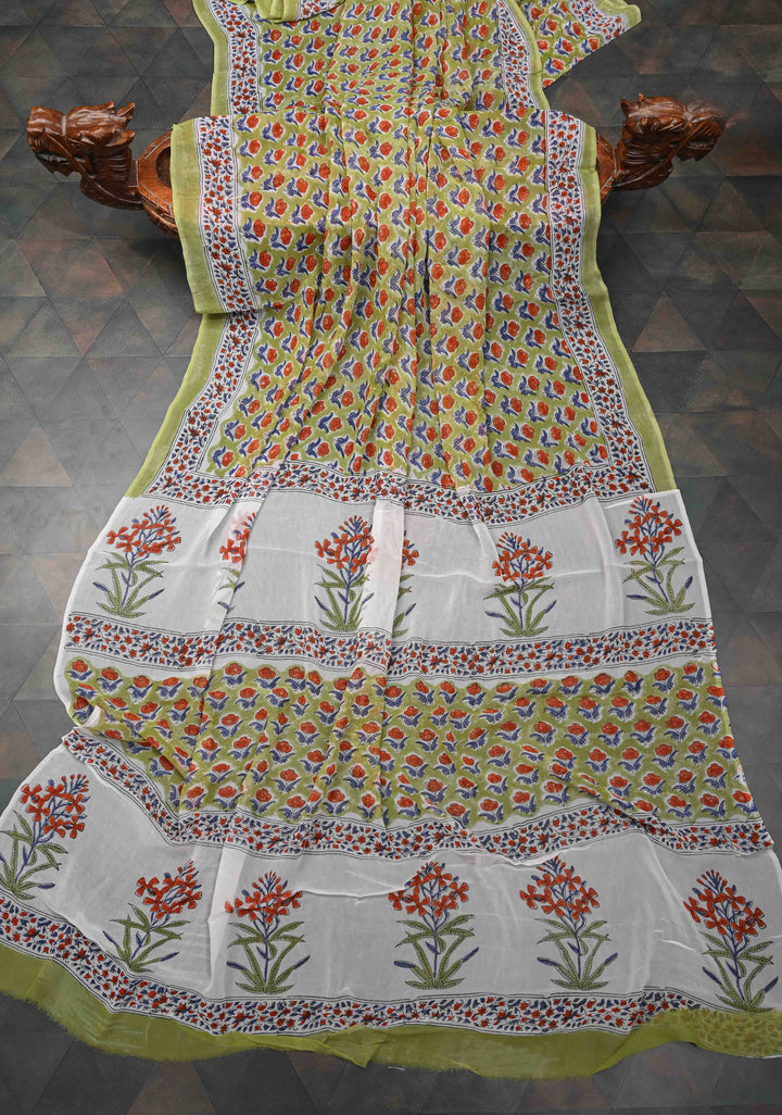 Light Green Georgette Saree with Sanganeri Hand Block Print