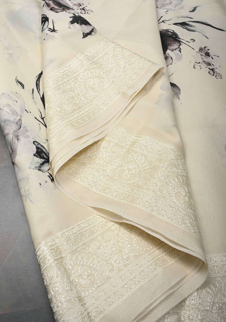 Cream Viscose  Saree With Floral Digital Print And Thread Work Border