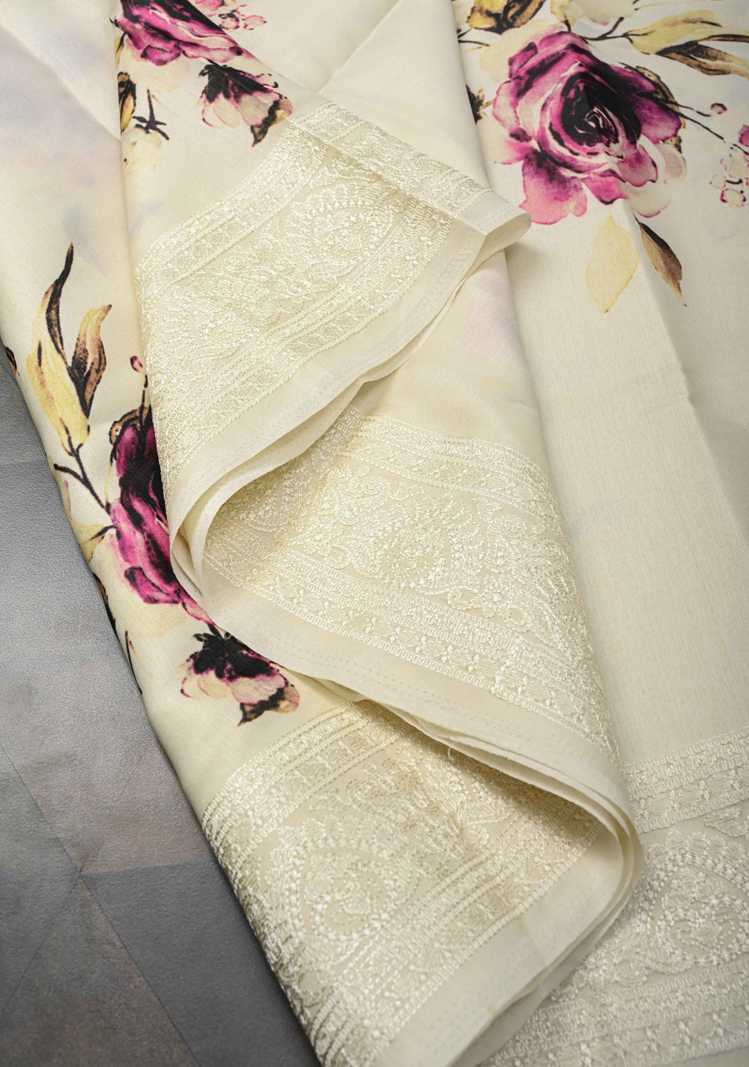 Cream Viscose Saree with Rose Floral Print and self embroidered borders