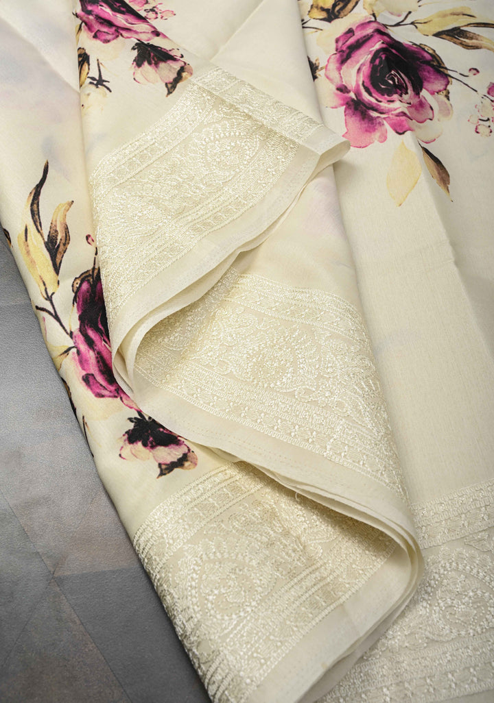 Cream Viscose Saree with Rose Floral Print and self embroidered borders