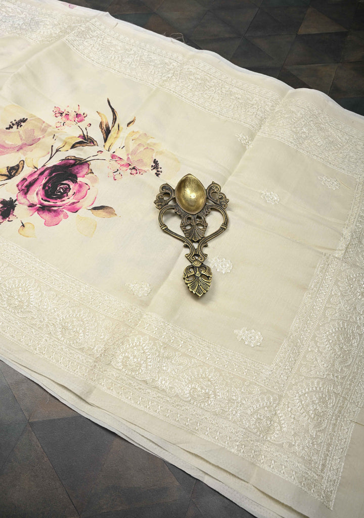 Cream Viscose Saree with Rose Floral Print and self embroidered borders