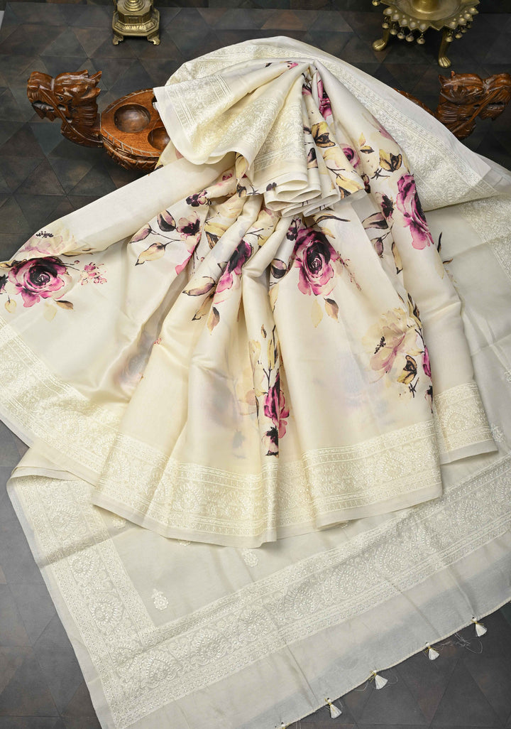 Cream Viscose Saree with Rose Floral Print and self embroidered borders