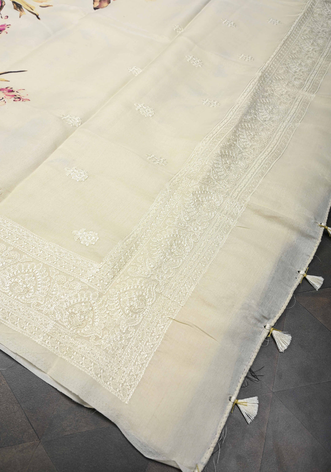 Cream Viscose Saree with Rose Floral Print and self embroidered borders
