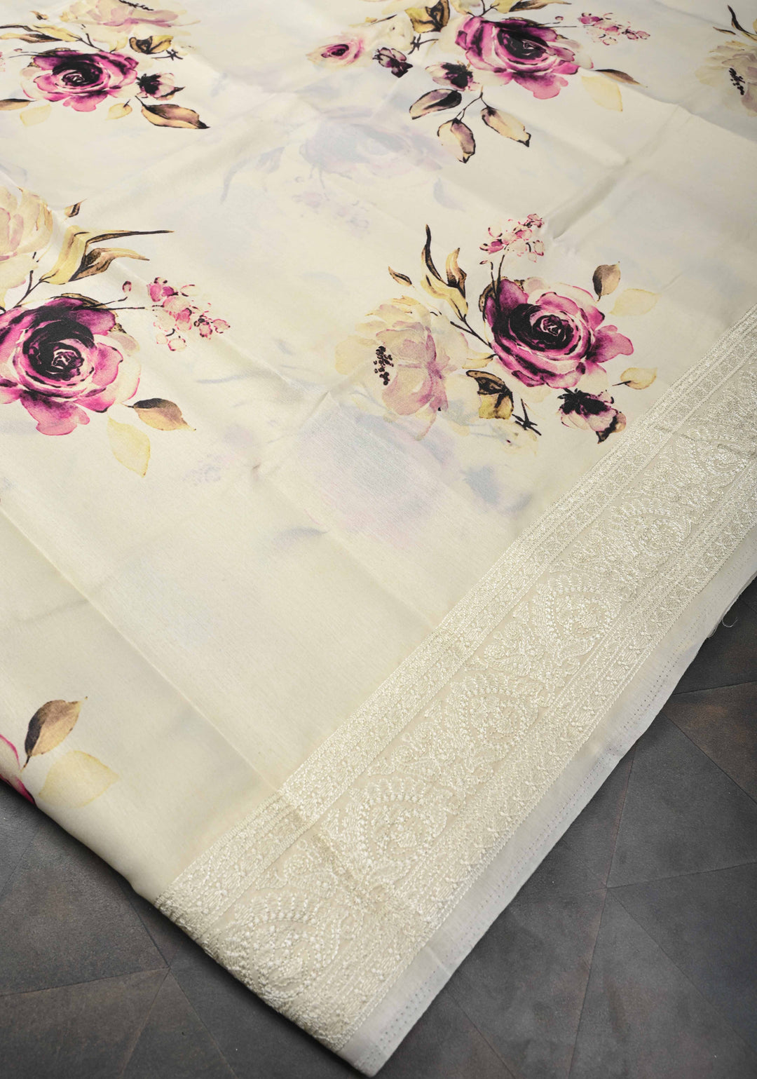 Cream Viscose Saree with Rose Floral Print and self embroidered borders