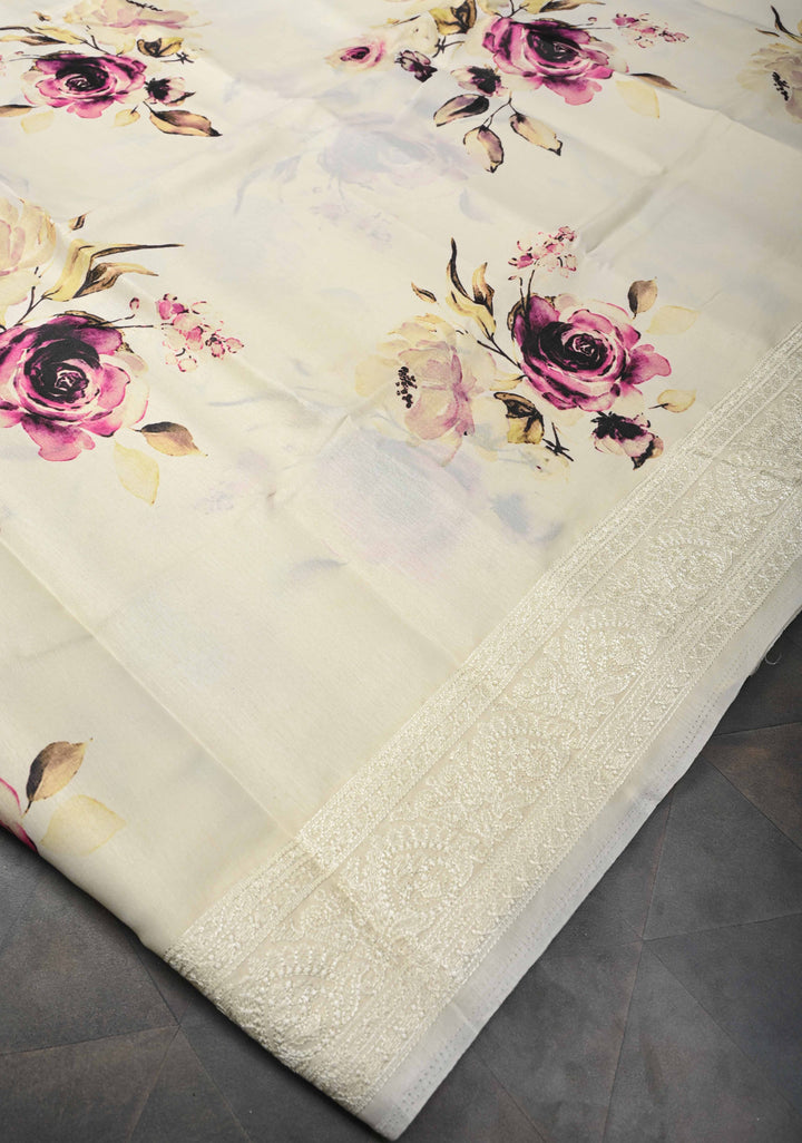 Cream Viscose Saree with Rose Floral Print and self embroidered borders