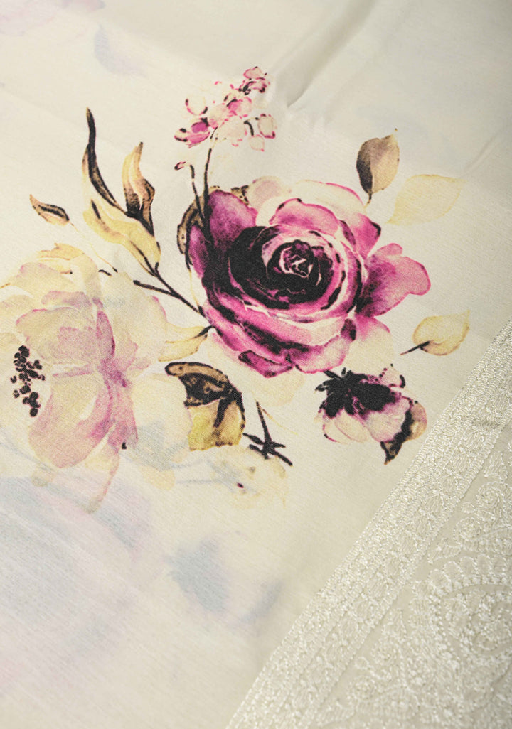 Cream Viscose Saree with Rose Floral Print and self embroidered borders