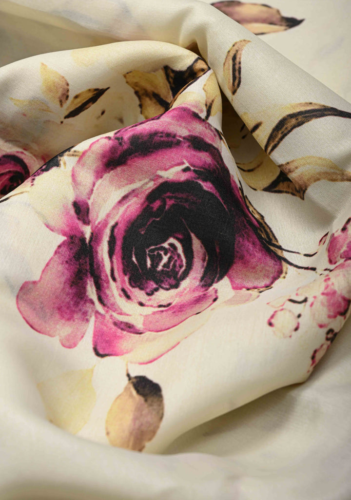 Cream Viscose Saree with Rose Floral Print and self embroidered borders