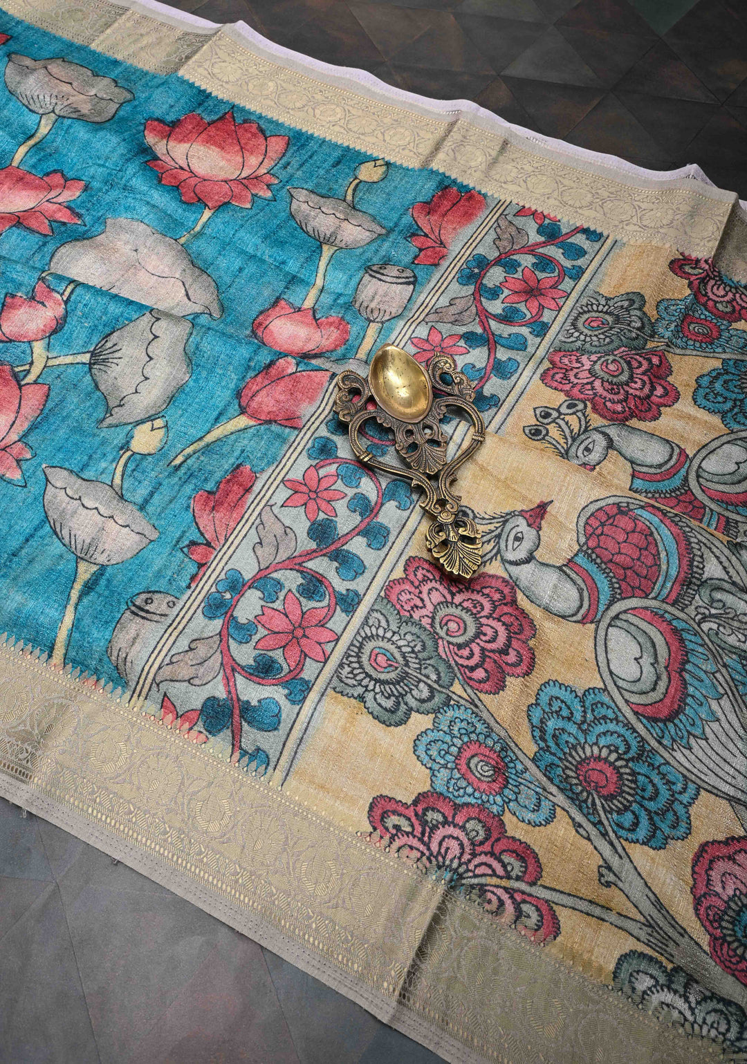 Teal Semi Tussar Saree with Kalamkari Digital Print and Zari Border