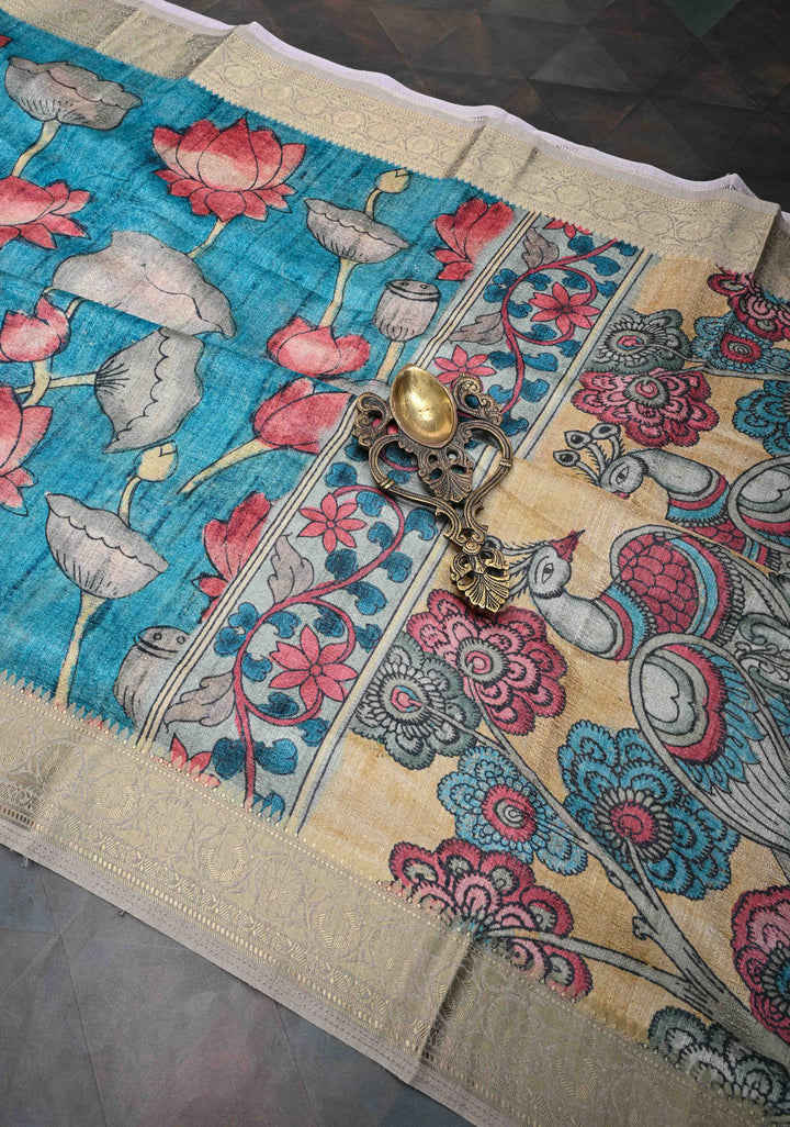Teal Semi Tussar Saree with Kalamkari Digital Print and Zari Border