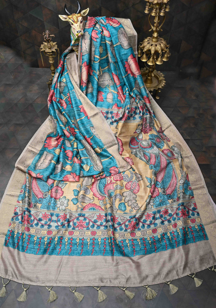 Teal Semi Tussar Saree with Kalamkari Digital Print and Zari Border