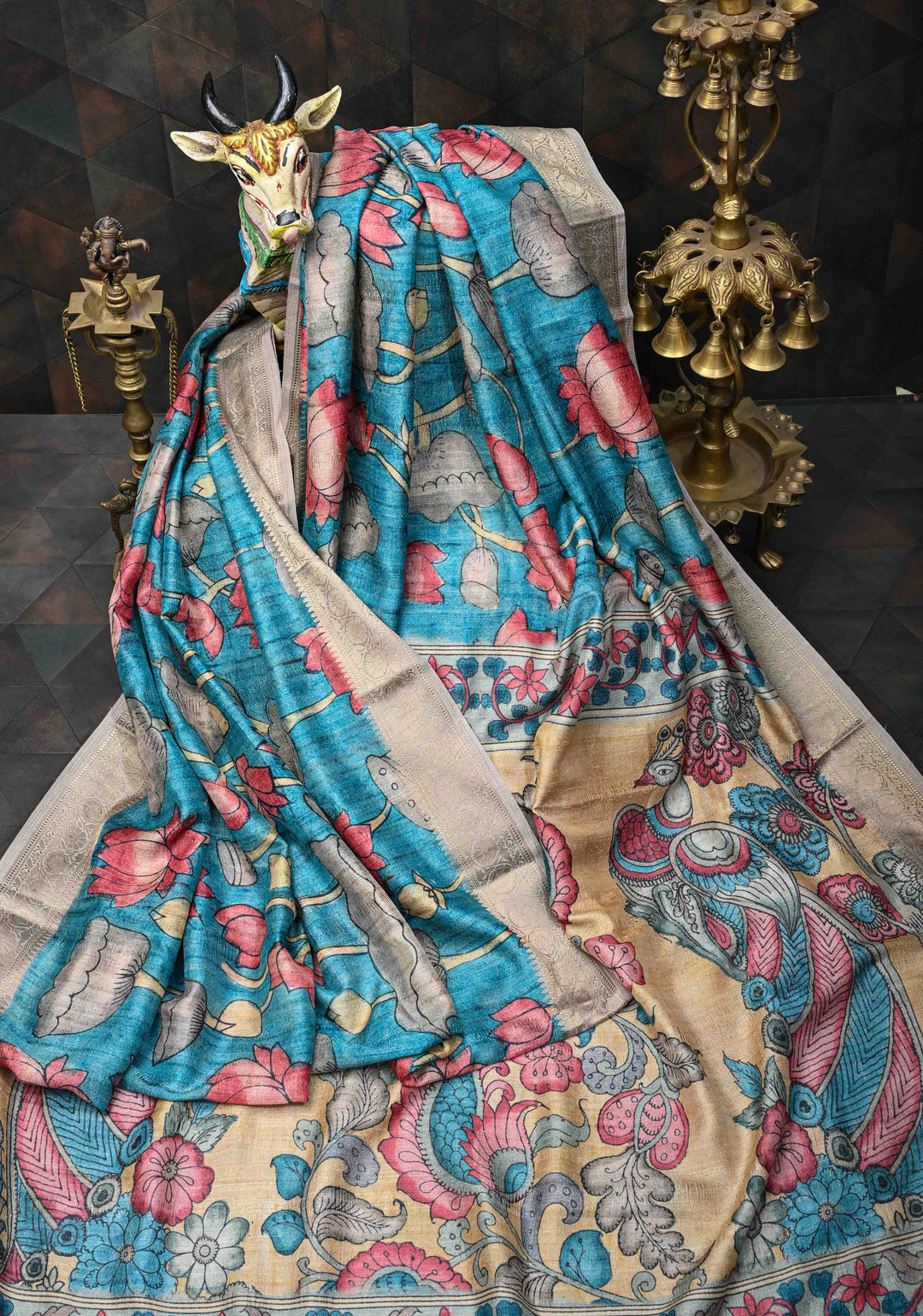 Teal Semi Tussar Saree with Kalamkari Digital Print and Zari Border