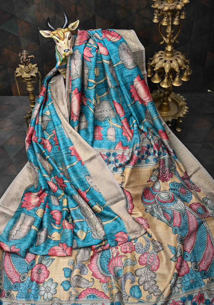 Teal Semi Tussar Saree with Kalamkari Digital Print and Zari Border