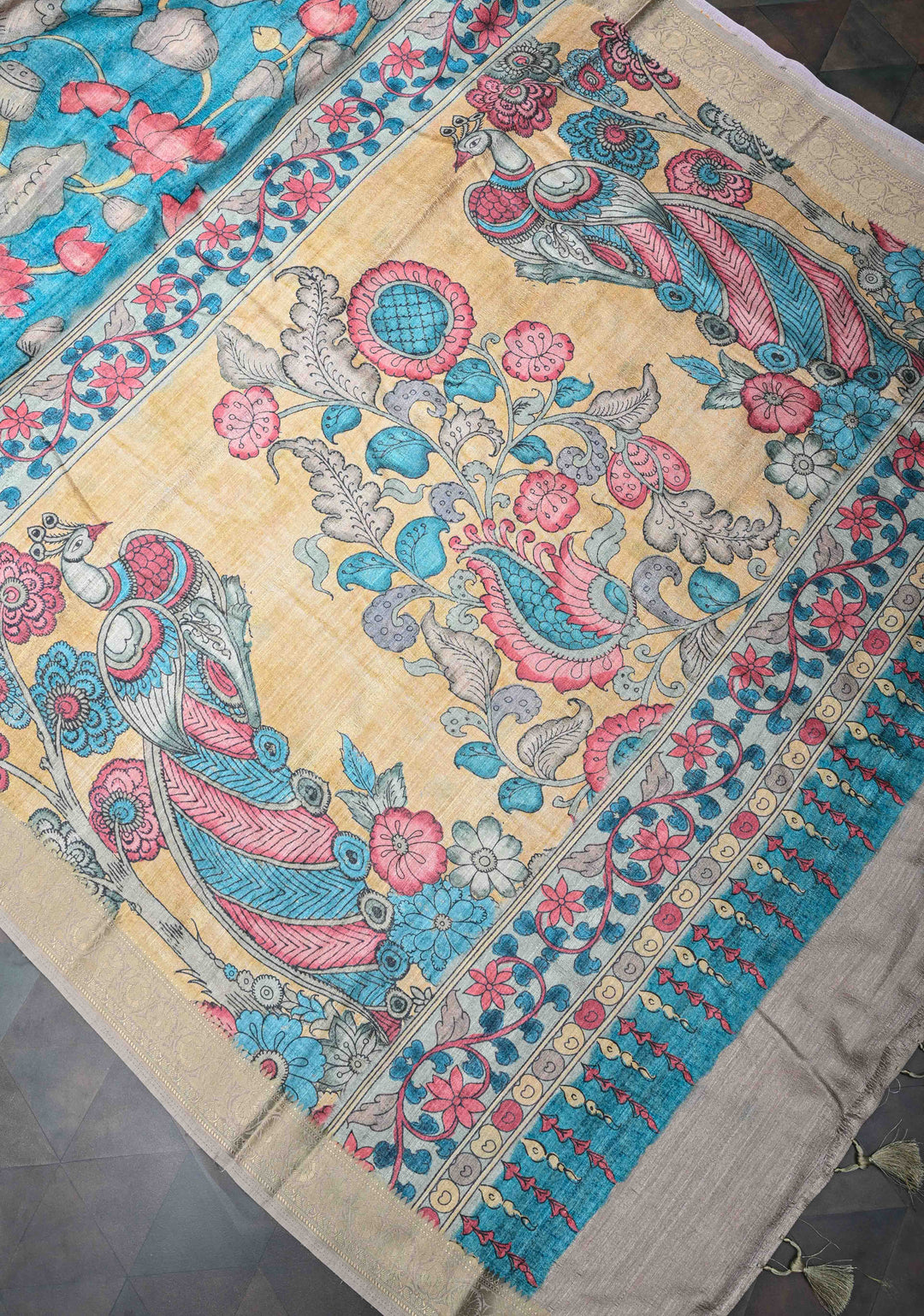 Teal Semi Tussar Saree with Kalamkari Digital Print and Zari Border