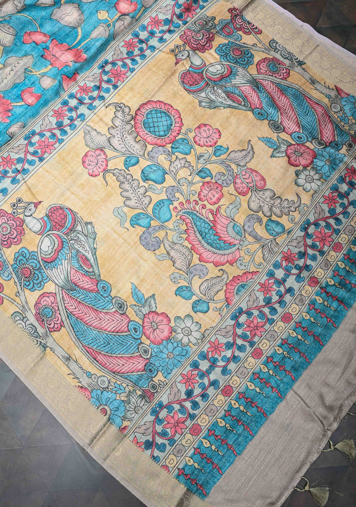 Teal Semi Tussar Saree with Kalamkari Digital Print and Zari Border