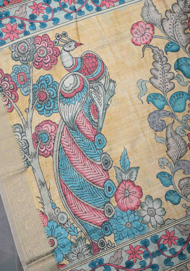 Teal Semi Tussar Saree with Kalamkari Digital Print and Zari Border