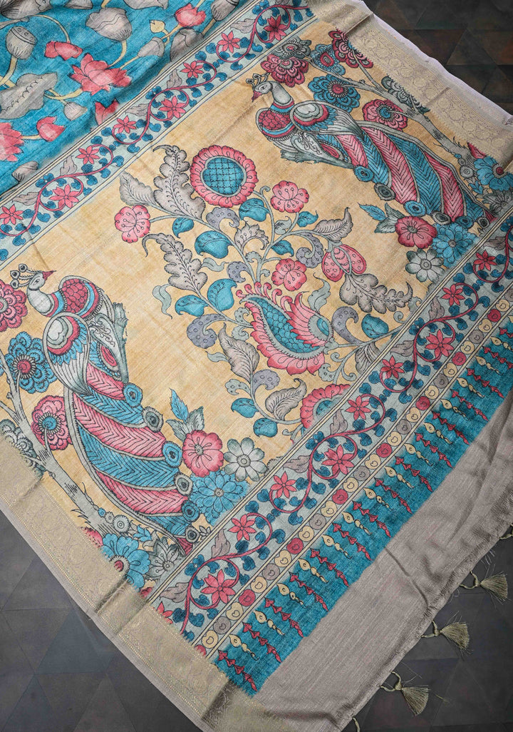 Teal Semi Tussar Saree with Kalamkari Digital Print and Zari Border
