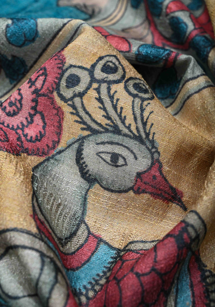 Teal Semi Tussar Saree with Kalamkari Digital Print and Zari Border
