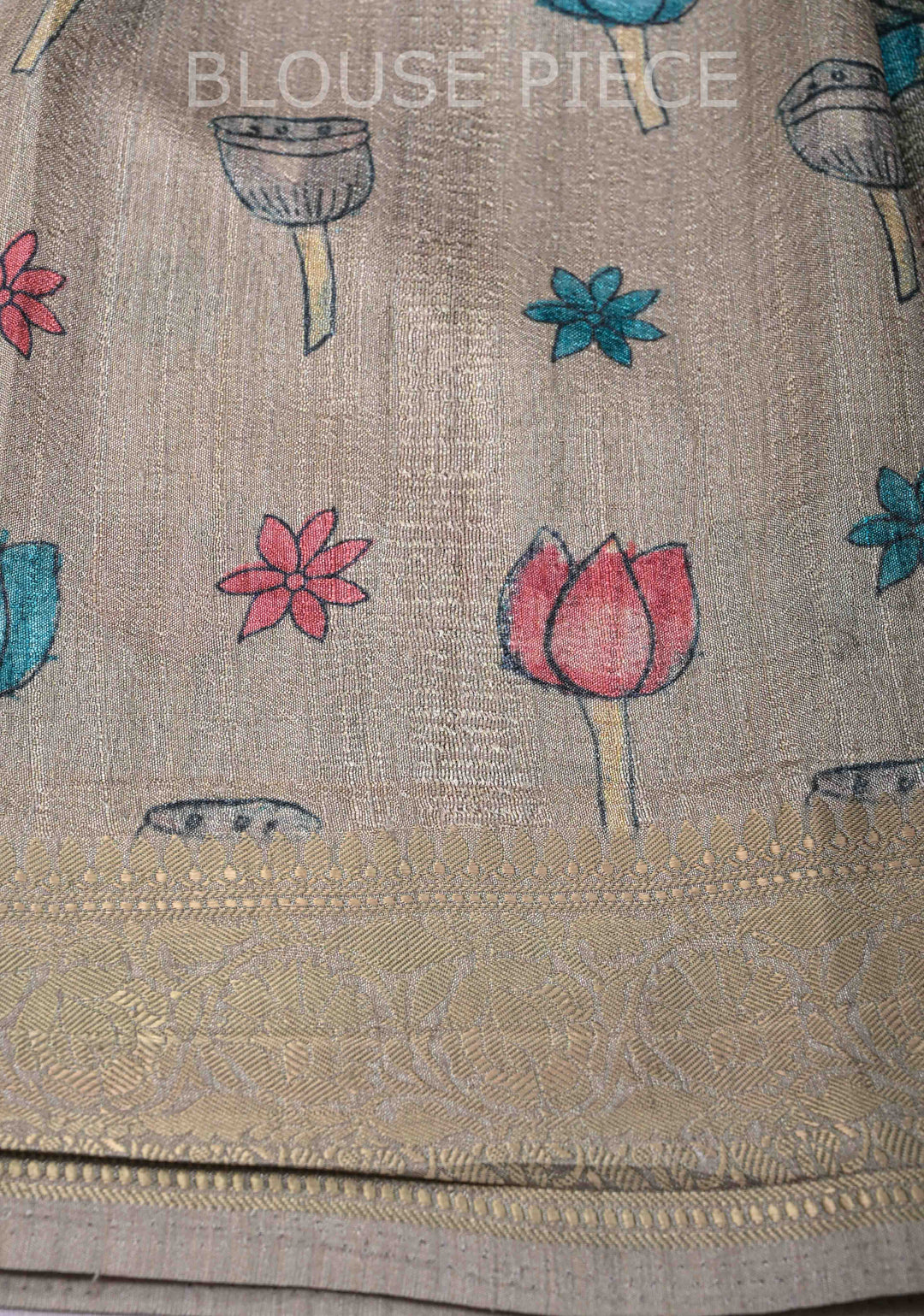 Teal Semi Tussar Saree with Kalamkari Digital Print and Zari Border