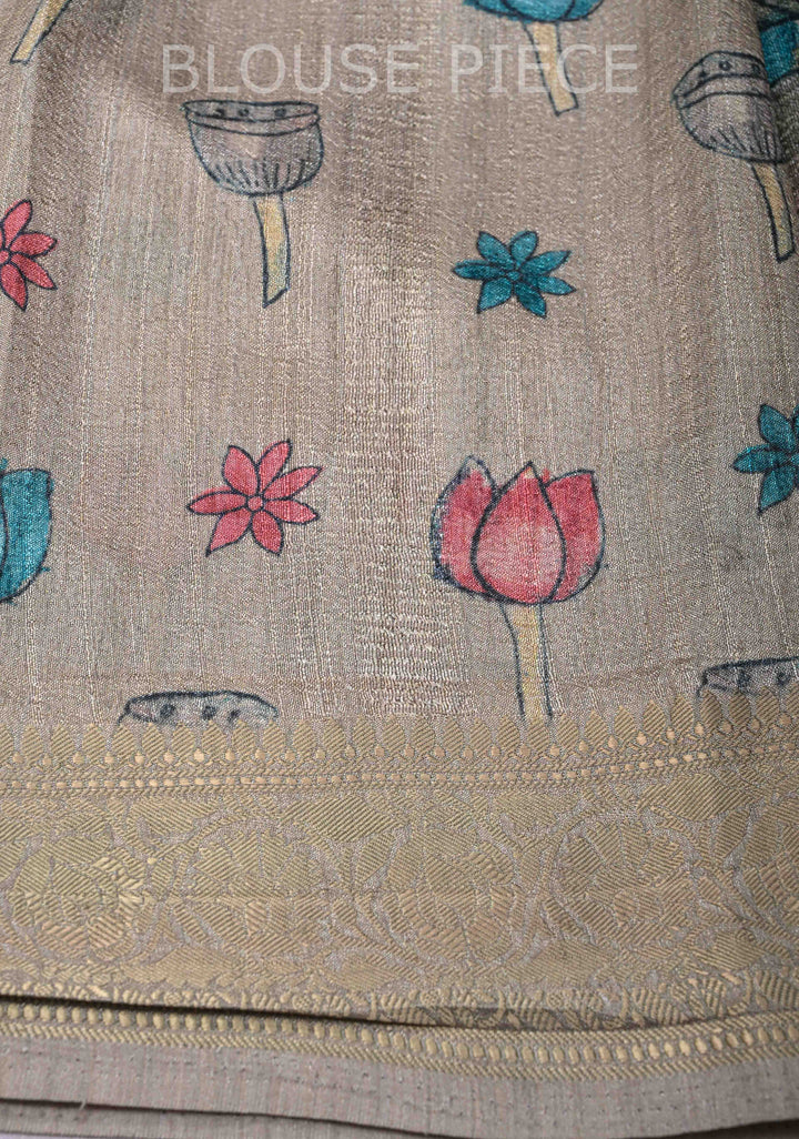 Teal Semi Tussar Saree with Kalamkari Digital Print and Zari Border