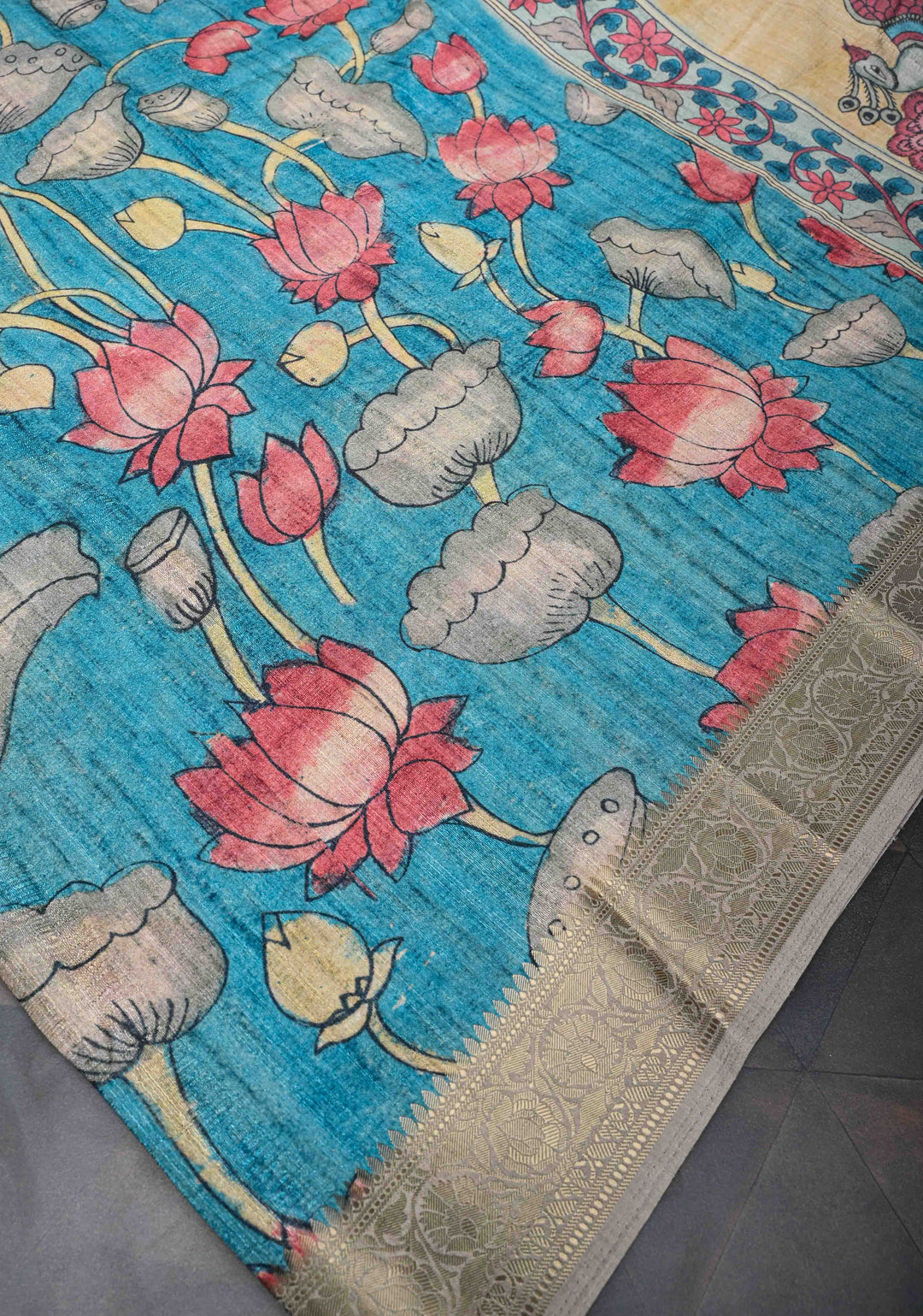 Teal Semi Tussar Saree with Kalamkari Digital Print and Zari Border