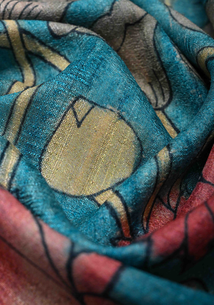 Teal Semi Tussar Saree with Kalamkari Digital Print and Zari Border