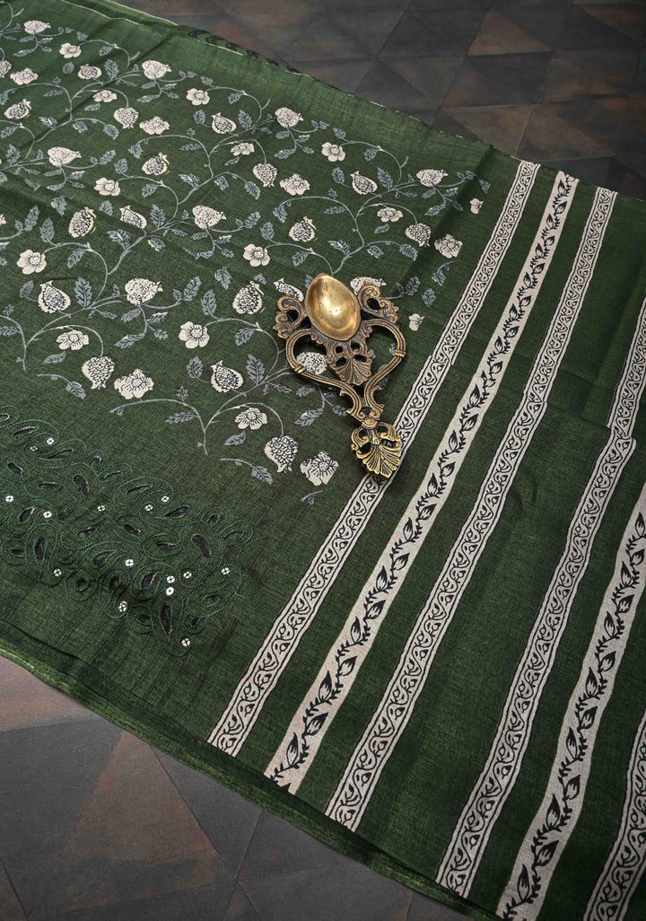 Elegant fine cutwork with floral jaal digital print semi tussar Embroidery Saree in Rifle Green