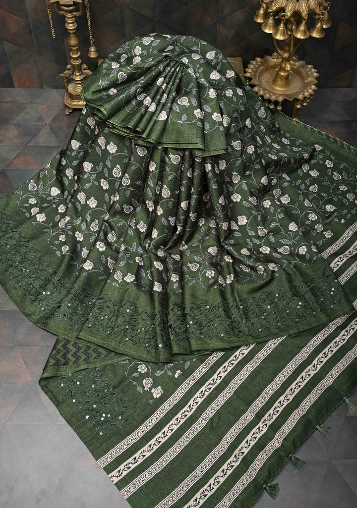 Elegant fine cutwork with floral jaal digital print semi tussar Embroidery Saree in Rifle Green